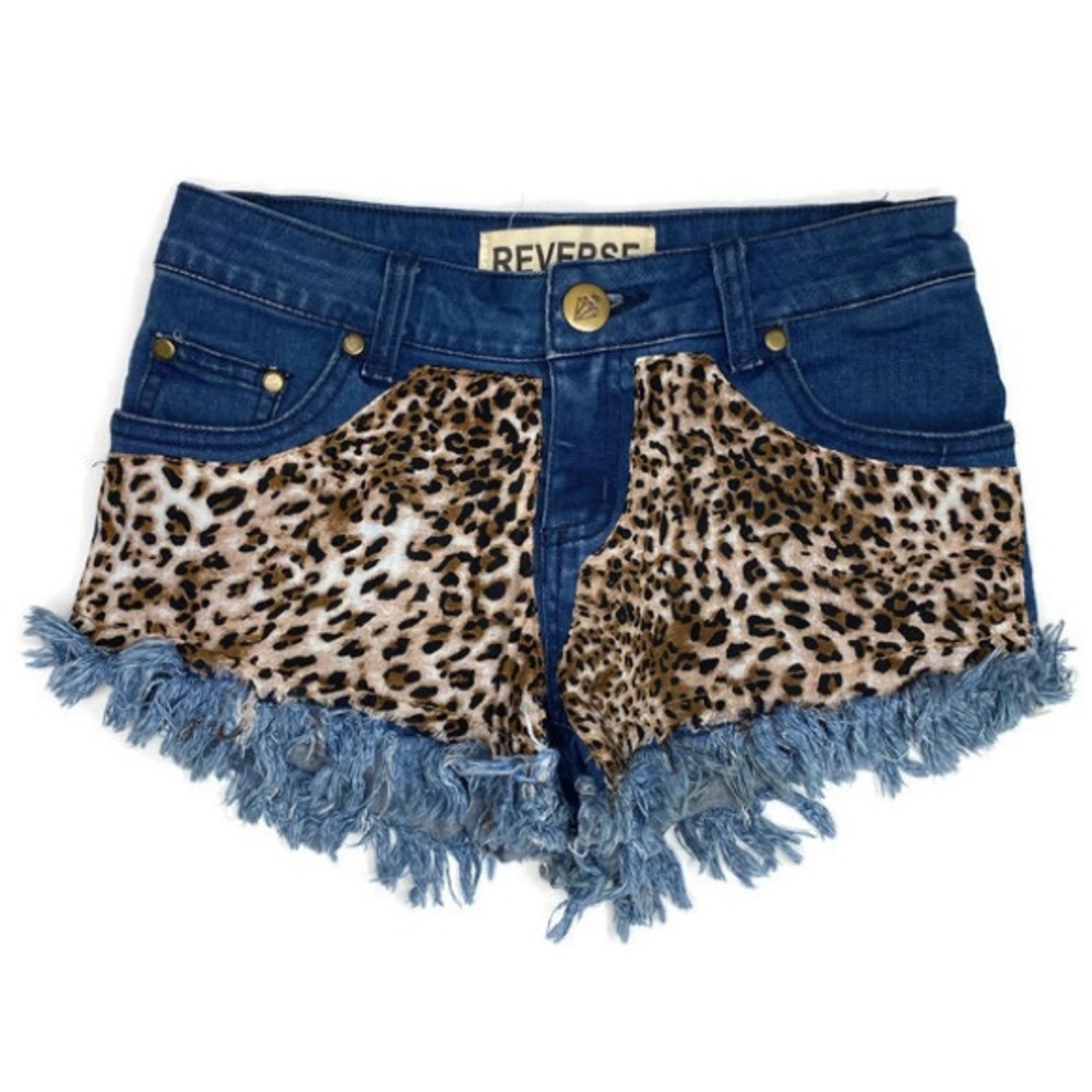 Reverse Jean Shorts with Cheetah Pockets
